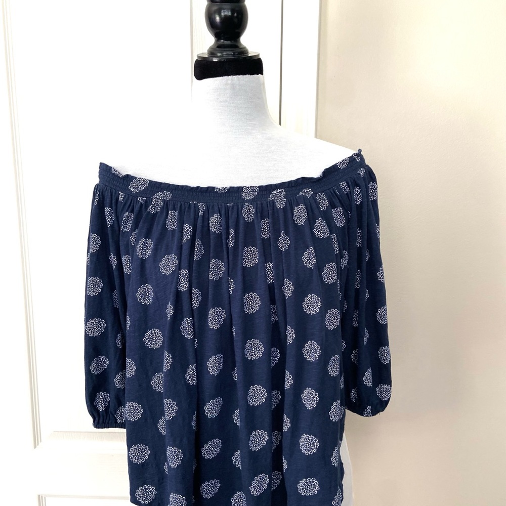 Lucky Brand Womens Off The Shoulder Pullover Blouse, Blue & White, Small